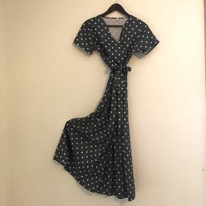 Dark Green Faux Wrap Polka Dot Midi Dress